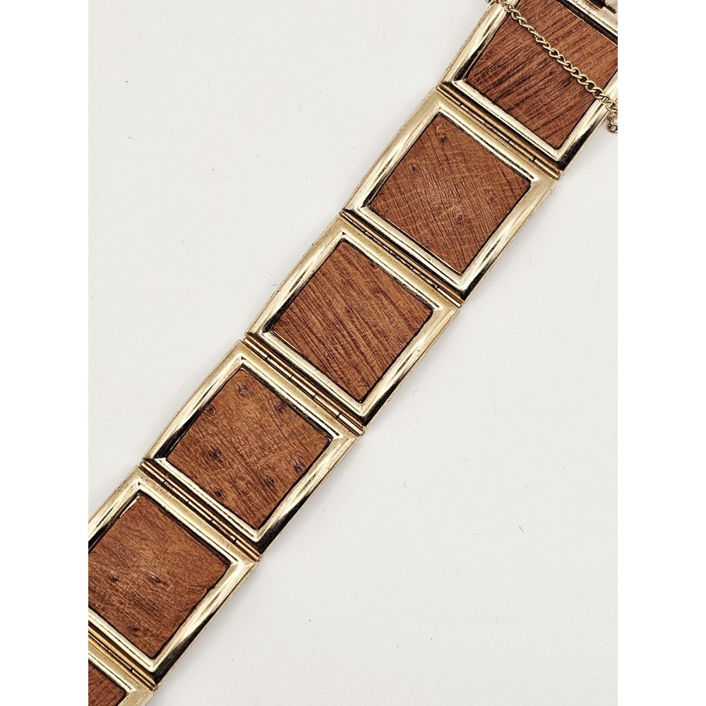Vintage Bergere‎ Brown  Leather Panel Bracelet Gold Tone 6.5"